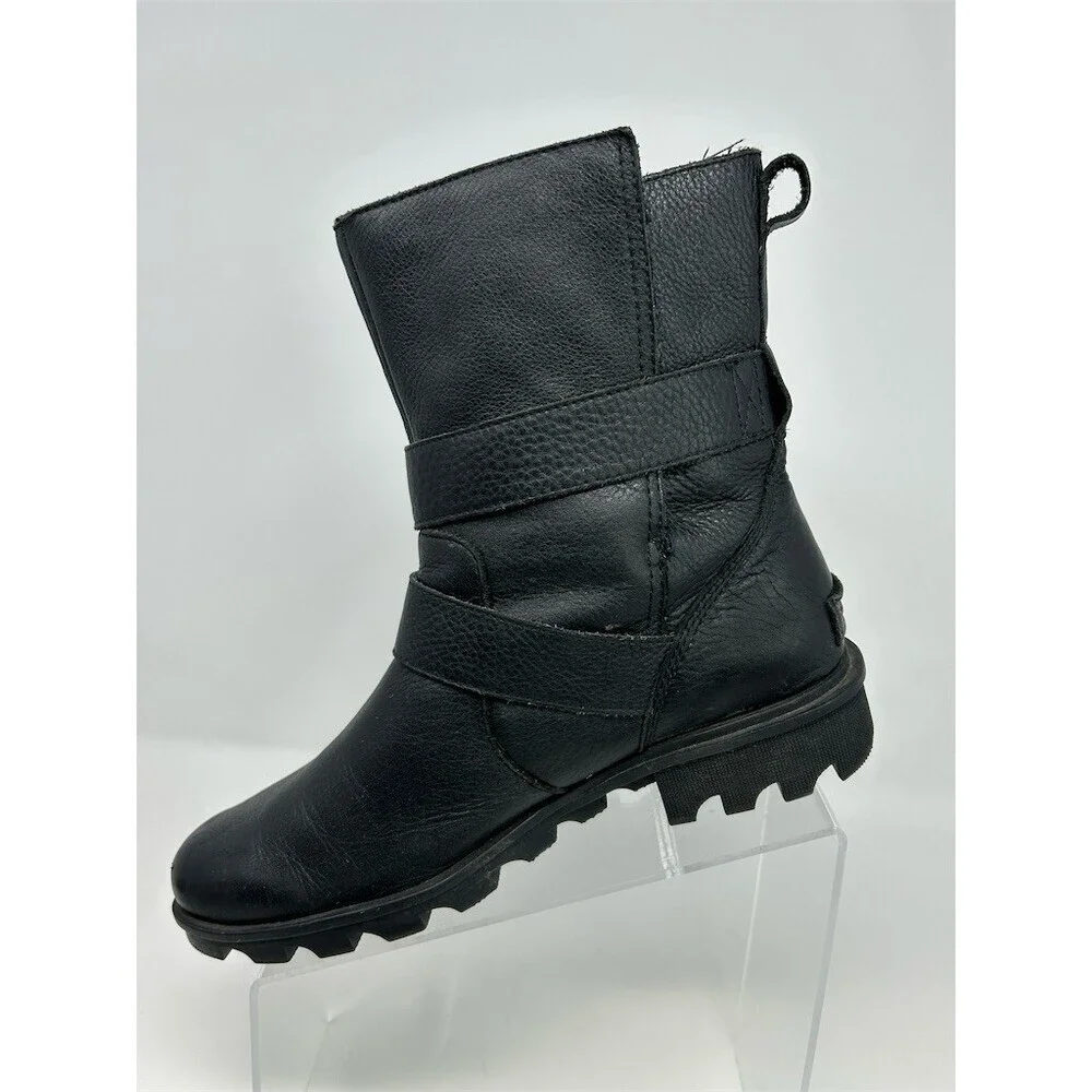 SOREL Phoenix Moto Women's Boots Black Mid-Calf Double Buckle Lug Sole Size 9